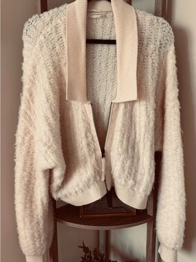Anthropologie Cream Textured Zip-Front Cardigan